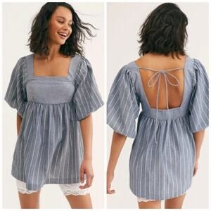 Free People Gigi Stripe Tunic Top Size XS Blue Puff Sleeve Blouse